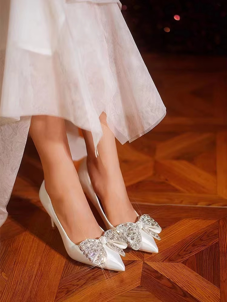 Bow Pattern High Sense French Satin Bridal High Heels Shoes