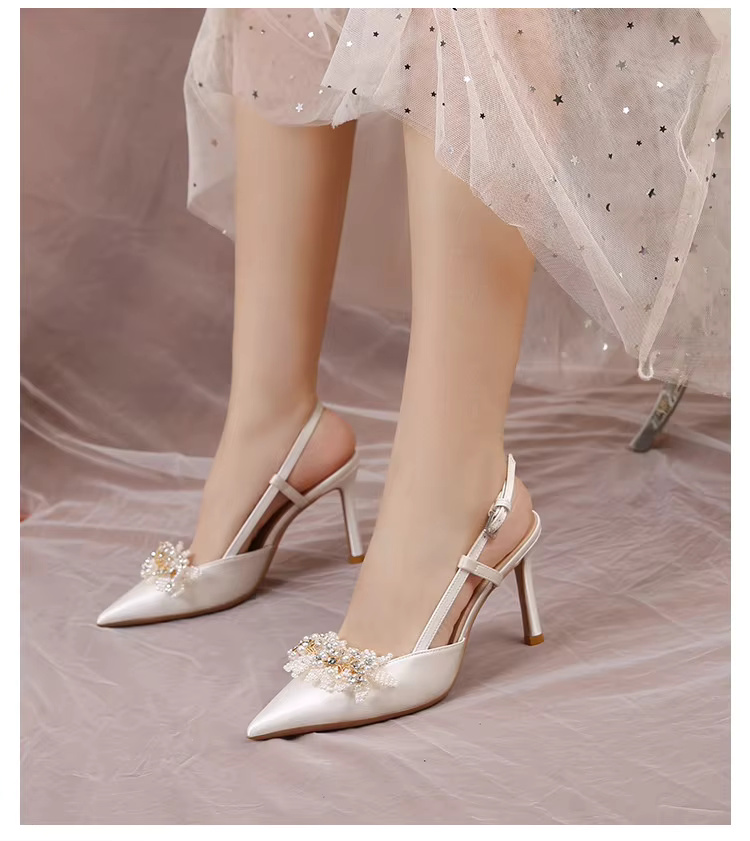 White Pearl Fashion Luxury Satin Bridal High Heels Pumps - Image 9