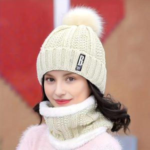 casual warm thick plush windproof 2PCS winter knit hat set