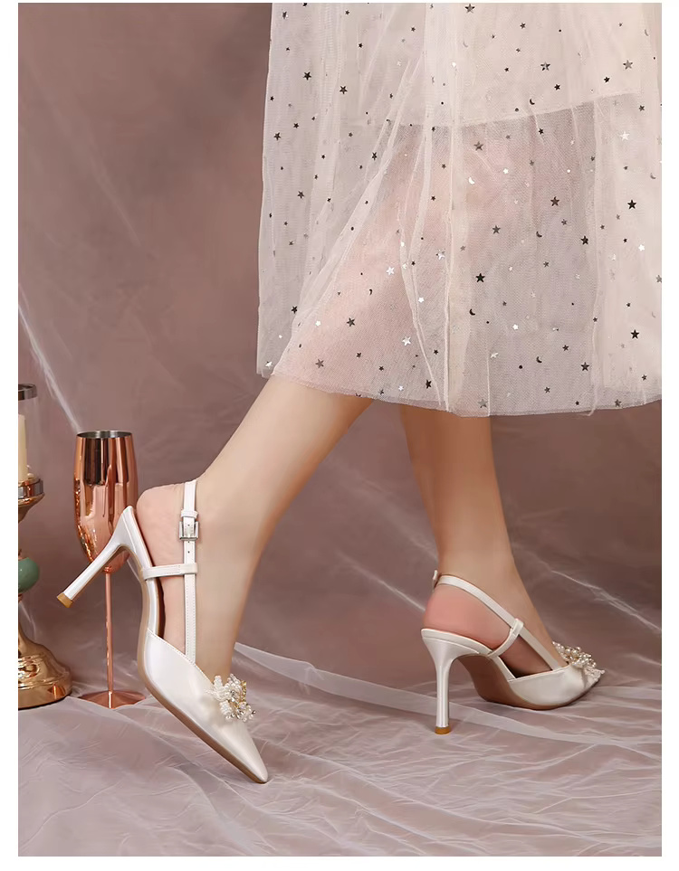 White Pearl Fashion Luxury Satin Bridal High Heels Pumps - Image 6