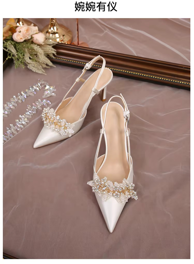 White Pearl Fashion Luxury Satin Bridal High Heels Pumps - Image 4
