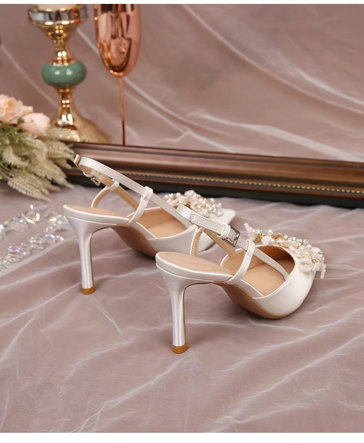 White Pearl Fashion Luxury Satin Bridal High Heels Pumps - Image 8