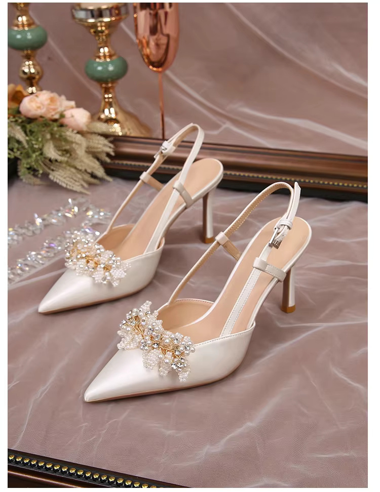 White Pearl Fashion Luxury Satin Bridal High Heels Pumps - Image 5