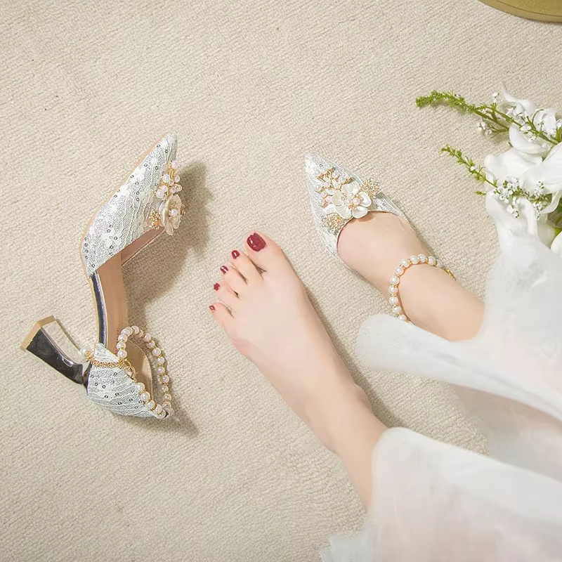 Lace Beaded Tassel Fashion Rhinestone Pattern Thick Heel Bridal Shoes - Image 3