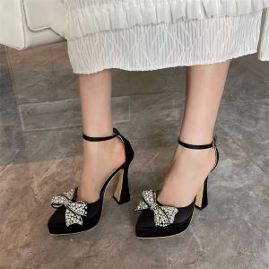 Thick Bottom Pointed Toe Platform Style Pearl Butterfly-Knot High Heels Sandals