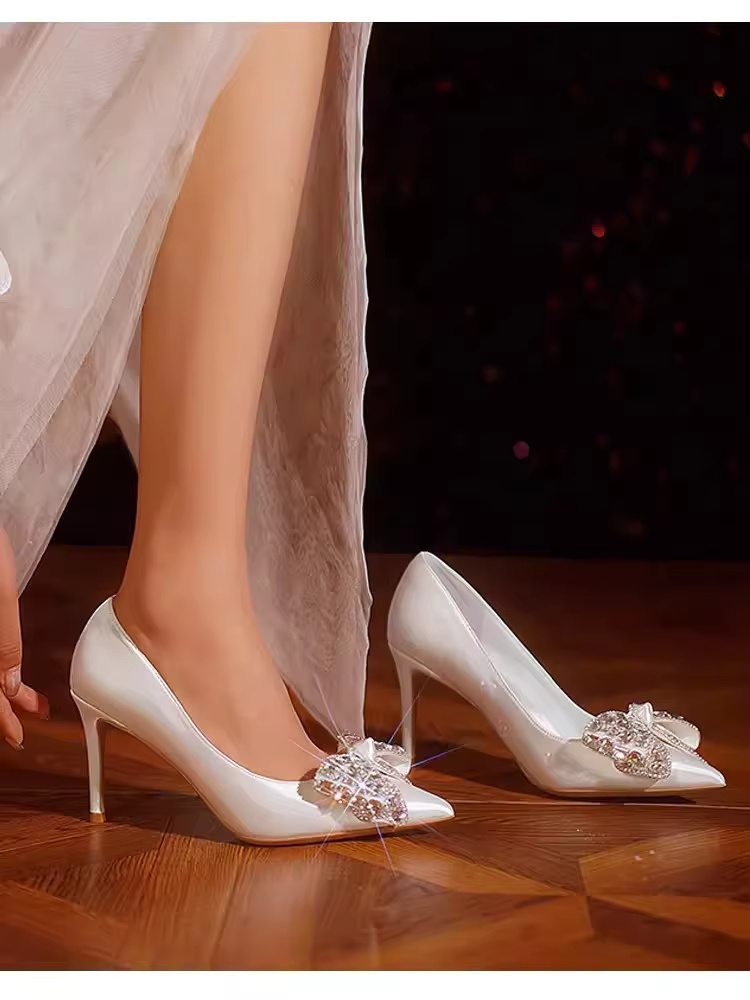 Bow Pattern High Sense French Satin Bridal High Heels Shoes - Image 4