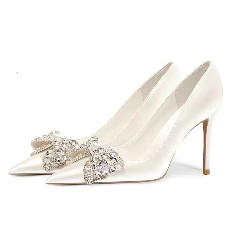 Bow Pattern High Sense French Satin Bridal High Heels Shoes - Image 3