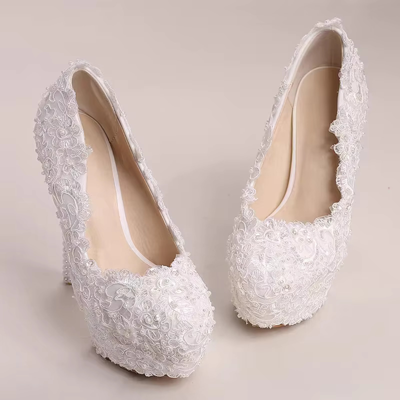 Luxury White Lace Pearl Pattern Pointed Toe Bridal Platform Stiletto High Heel Shoes - Image 3