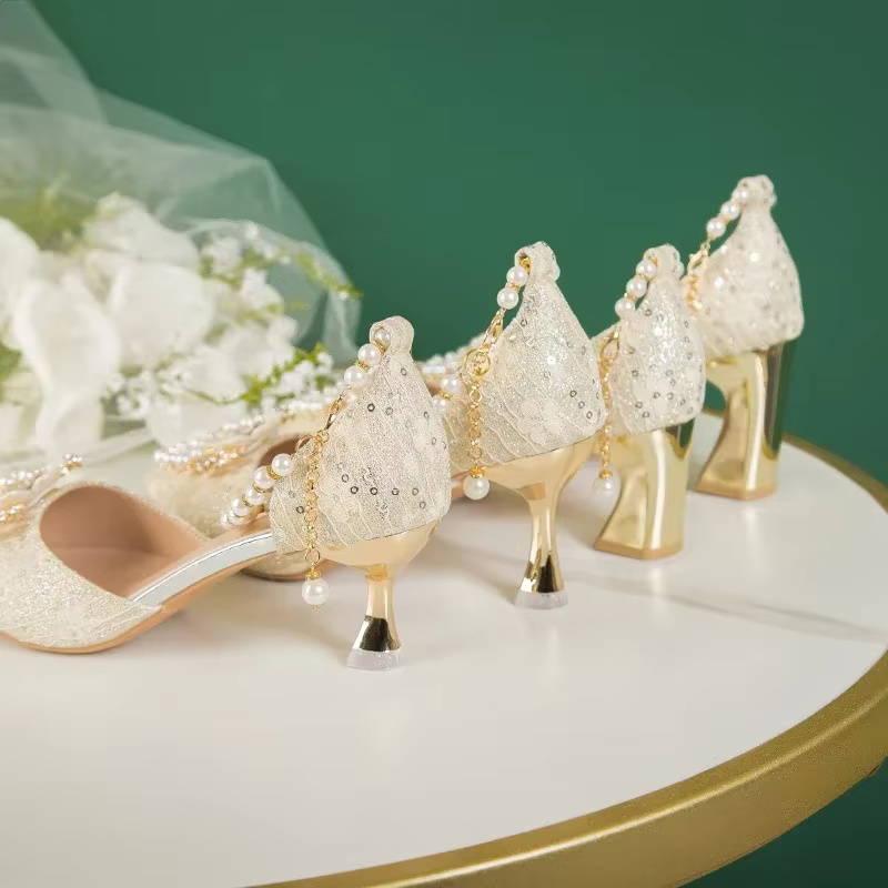 Lace Beaded Tassel Fashion Rhinestone Pattern Thick Heel Bridal Shoes - Image 7