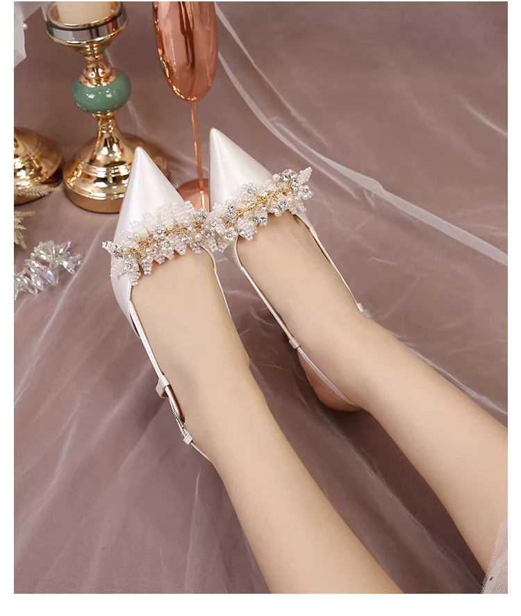 White Pearl Fashion Luxury Satin Bridal High Heels Pumps - Image 10