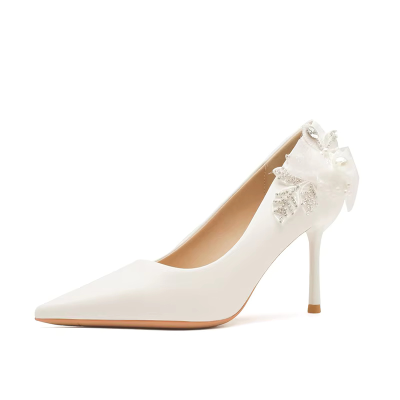 Pointed Pearl Bowknot Fashion Satin Wedding Bridesmaid Single Shoes - Image 4