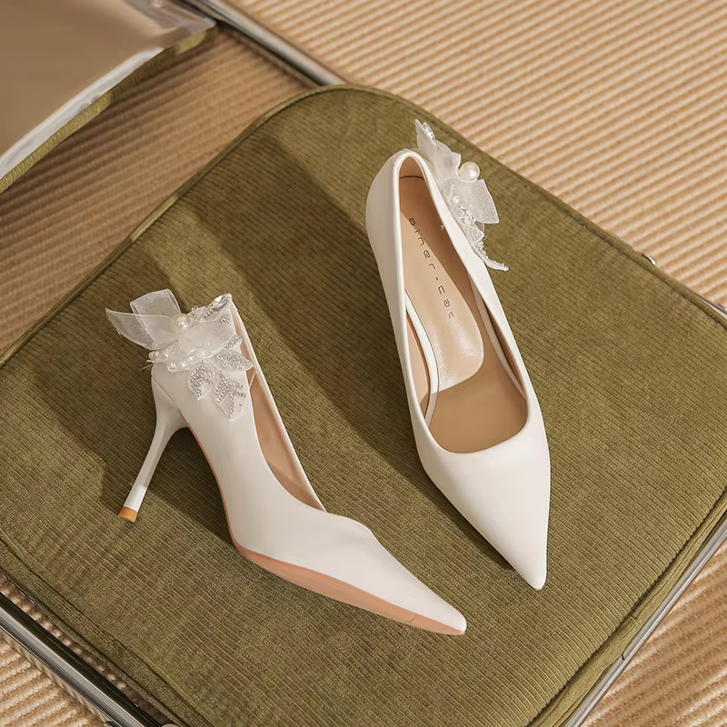 Pointed Pearl Bowknot Fashion Satin Wedding Bridesmaid Single Shoes - Image 5