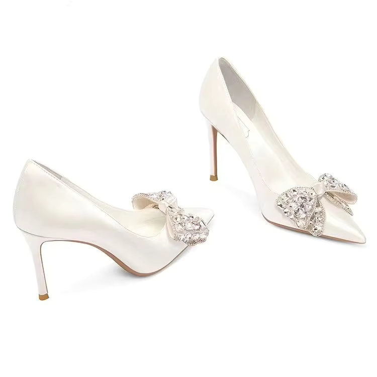 Bow Pattern High Sense French Satin Bridal High Heels Shoes - Image 6