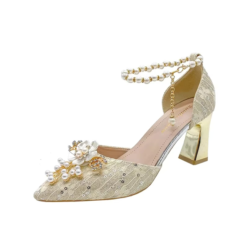 Lace Beaded Tassel Fashion Rhinestone Pattern Thick Heel Bridal Shoes - Image 8