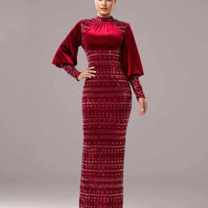 Elegant Round Neck Lantern Sleeves Panel Sequin Party Mermaid Evening Formal Occasion Beautiful Dress