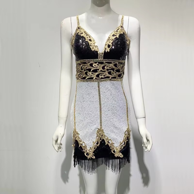 Sequins Spaghetti Strap V-Neck Tassel Luxurious Evening Celebrity Cocktail Party Dress - Image 2