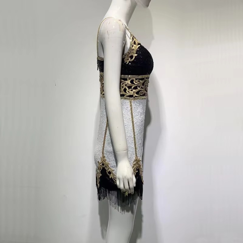 Sequins Spaghetti Strap V-Neck Tassel Luxurious Evening Celebrity Cocktail Party Dress - Image 3