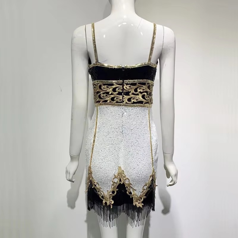 Sequins Spaghetti Strap V-Neck Tassel Luxurious Evening Celebrity Cocktail Party Dress - Image 4