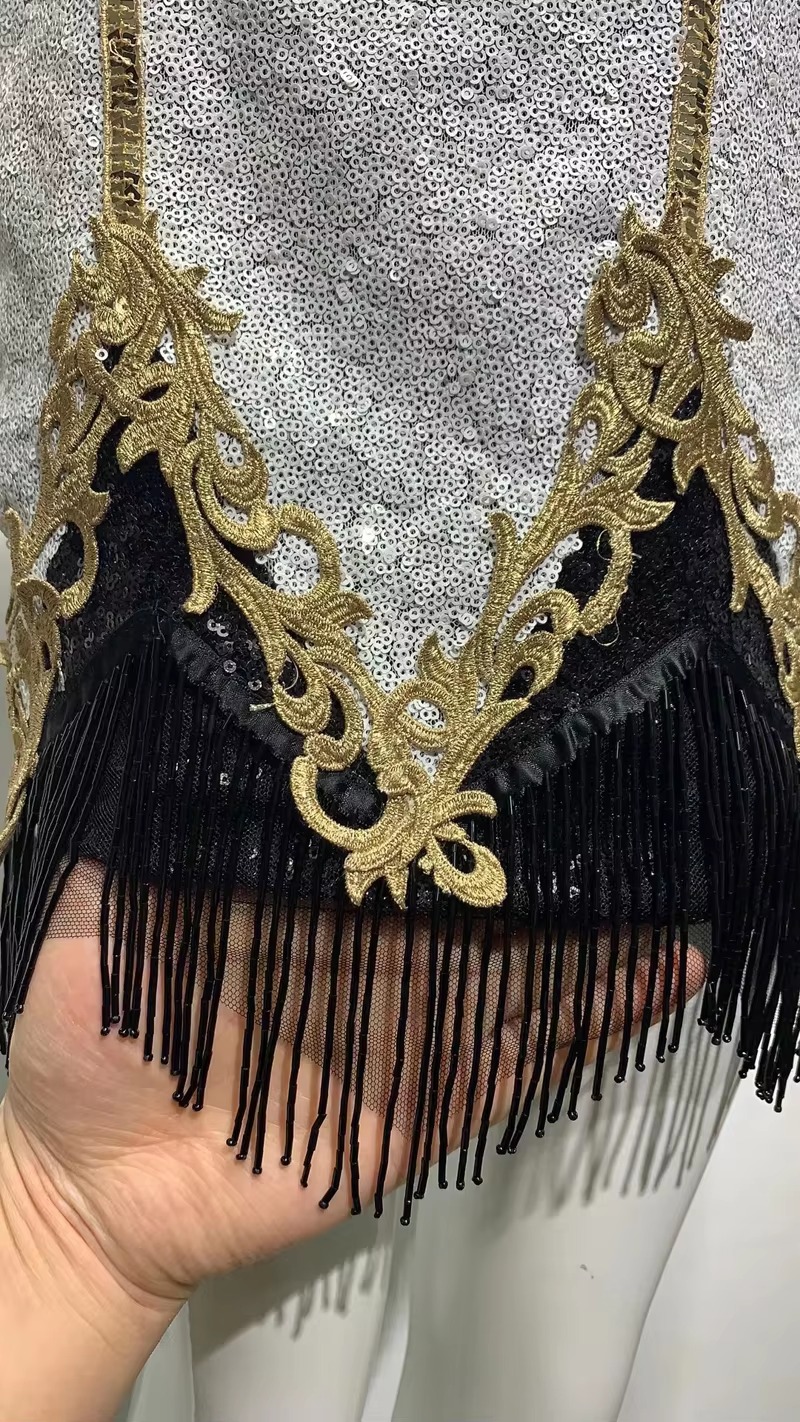 Sequins Spaghetti Strap V-Neck Tassel Luxurious Evening Celebrity Cocktail Party Dress - Image 6