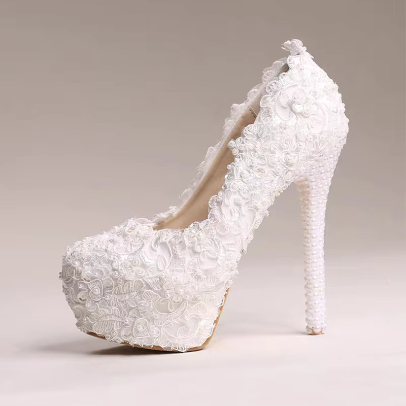 Luxury White Lace Pearl Pattern Pointed Toe Bridal Platform Stiletto High Heel Shoes - Image 5