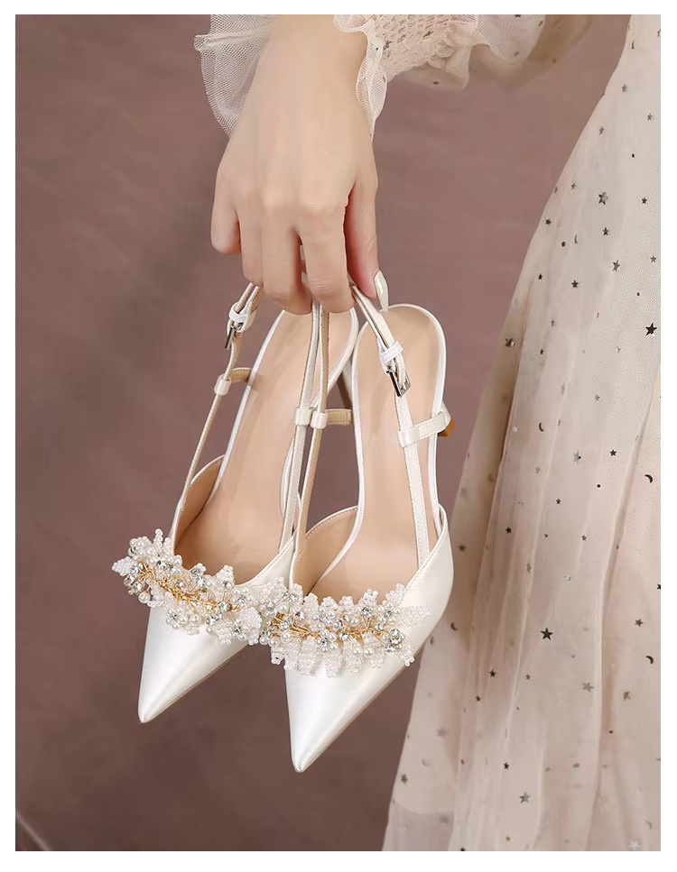 White Pearl Fashion Luxury Satin Bridal High Heels Pumps - Image 14
