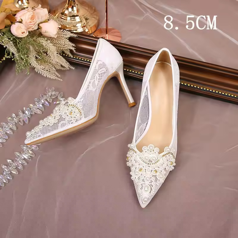 High Heels Lace Fashion Pearl Lace Bridesmaid Shoes