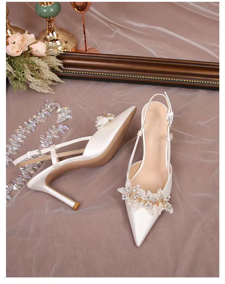 White Pearl Fashion Luxury Satin Bridal High Heels Pumps - Image 16