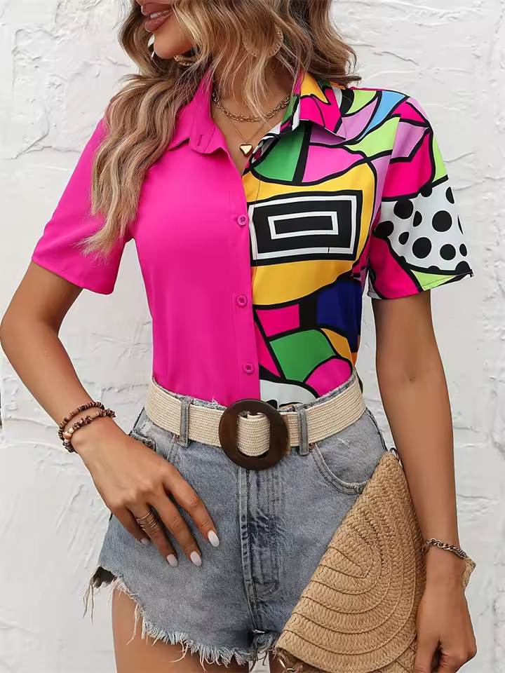 Casual Geometric Splicing Printed Ladies Short Sleeve Shirt