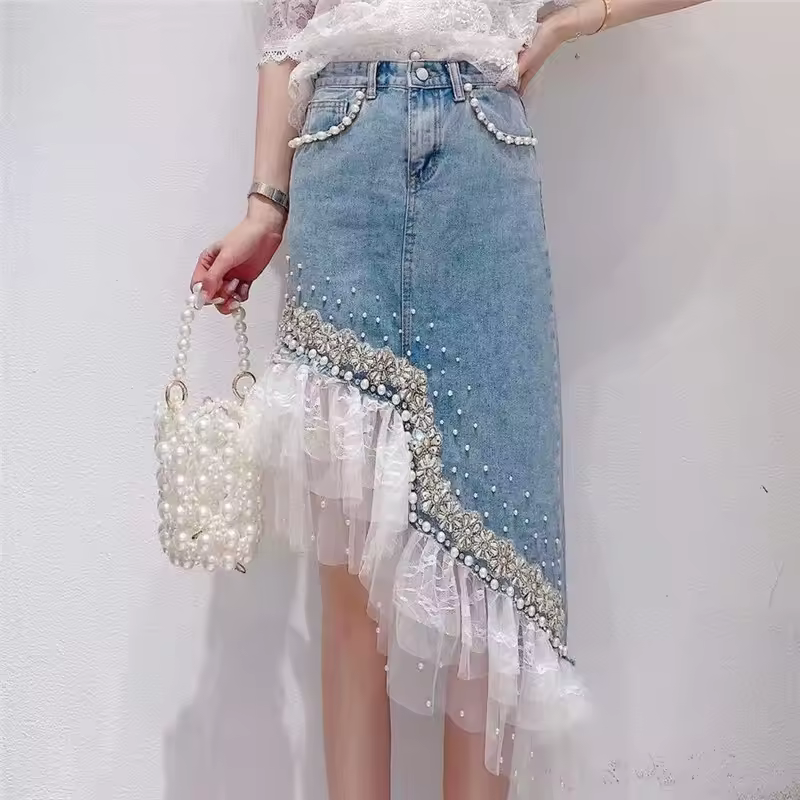 Sweet Bead Pearl Diamond Lace Patchwork Irregular Hem Skirts