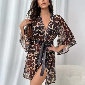 Trendy Belt Bath Robe Long Sleeve Leopard Kimono Sleepwear