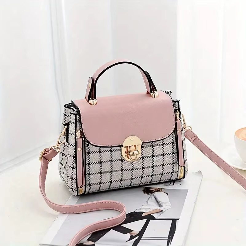 Trendy Flap Shoulder PU Leather Simple Plaid Designer Messenger Crossbody Small Handbags - Image 5