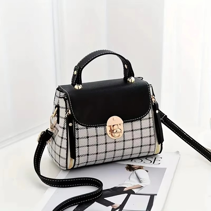 Trendy Flap Shoulder PU Leather Simple Plaid Designer Messenger Crossbody Small Handbags - Image 4