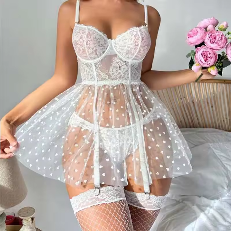 Trendy Lace Transparent Mesh No Steel Ring Bra Panty Sets Lingerie