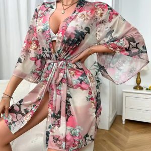 Trendy Mesh Bathrobe Belted Robe Above Knee Printed Kimono