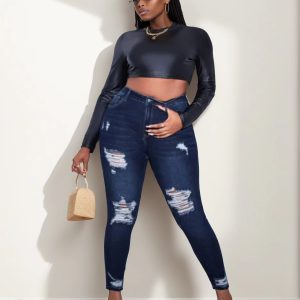 Trendy Plus Size Medium Stretch Ripped Tight Jeans