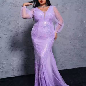Tulle Lantern Sleeves V Neck Sequin Mermaid Evening Plus Size Maxi Dress