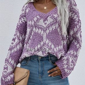 Vintage V-neck Thick Pullovers Cross Jacquard Jumpers Knitted Sweater