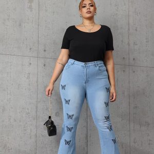 Vintage Comfort Mid Waist Stretchy Butterfly Print Flared Jeans