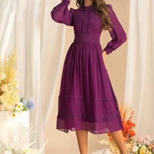 Vintage Long Sleeve High Waist Lace Splicing Stand Collar Midi Dress