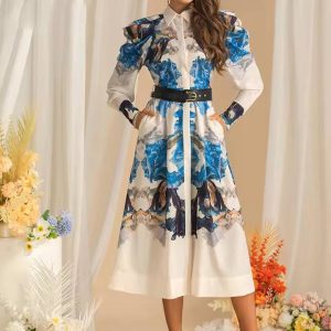 Vintage Long Sleeve Single-Breasted Print Midi Dress