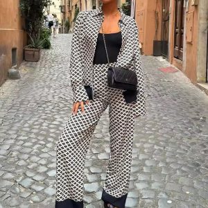Vintage Print Long Sleeve Shirt And Trousers 2 Piece Set