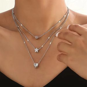 Vintage Shiny Rhinestone Love Heart Pendant Multilayer Thin Chain Choker Bridal Neck Jewelry 3Pcs Set