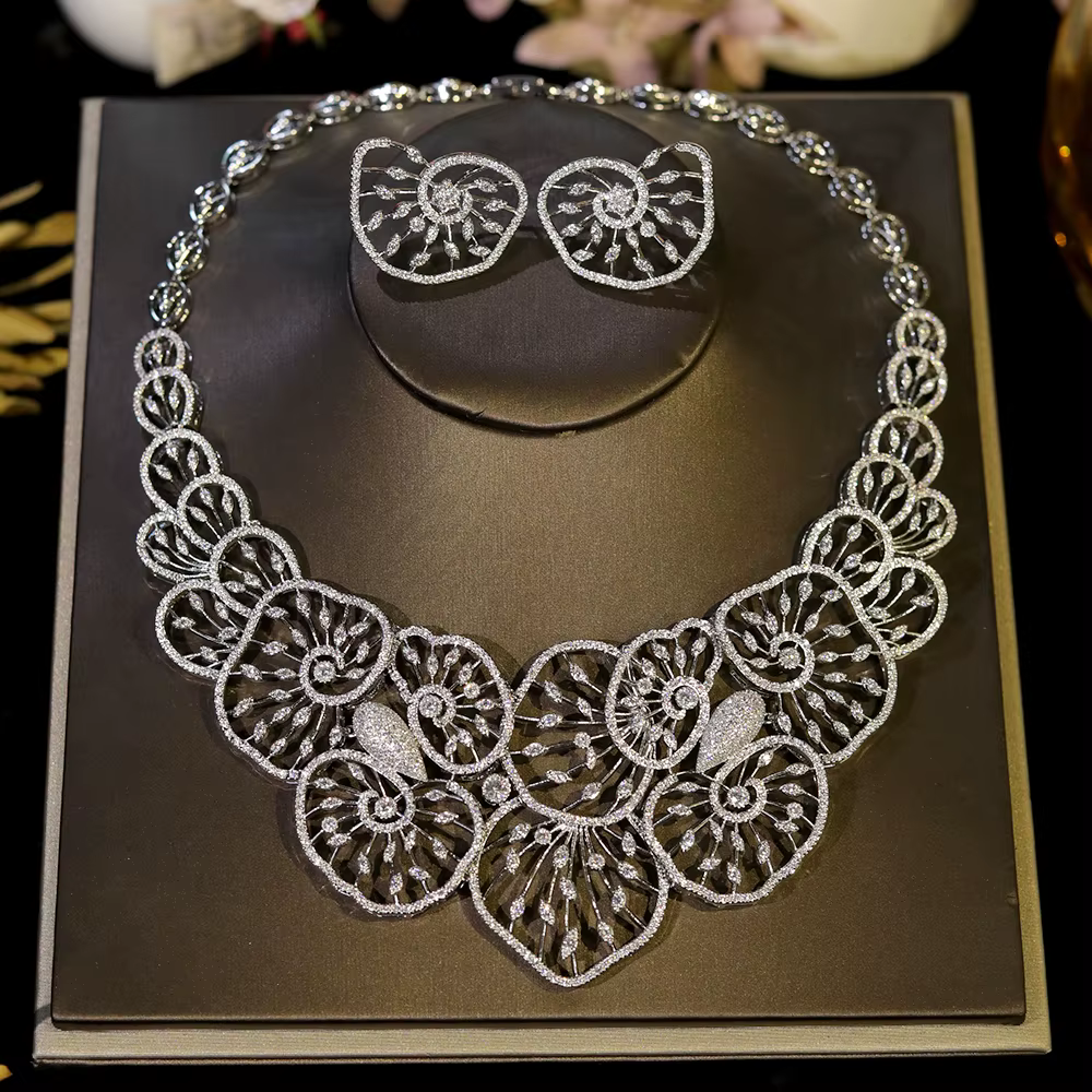 Elegant Flower cubic zirconia fine Necklace Earrings Wedding Party jewelry set
