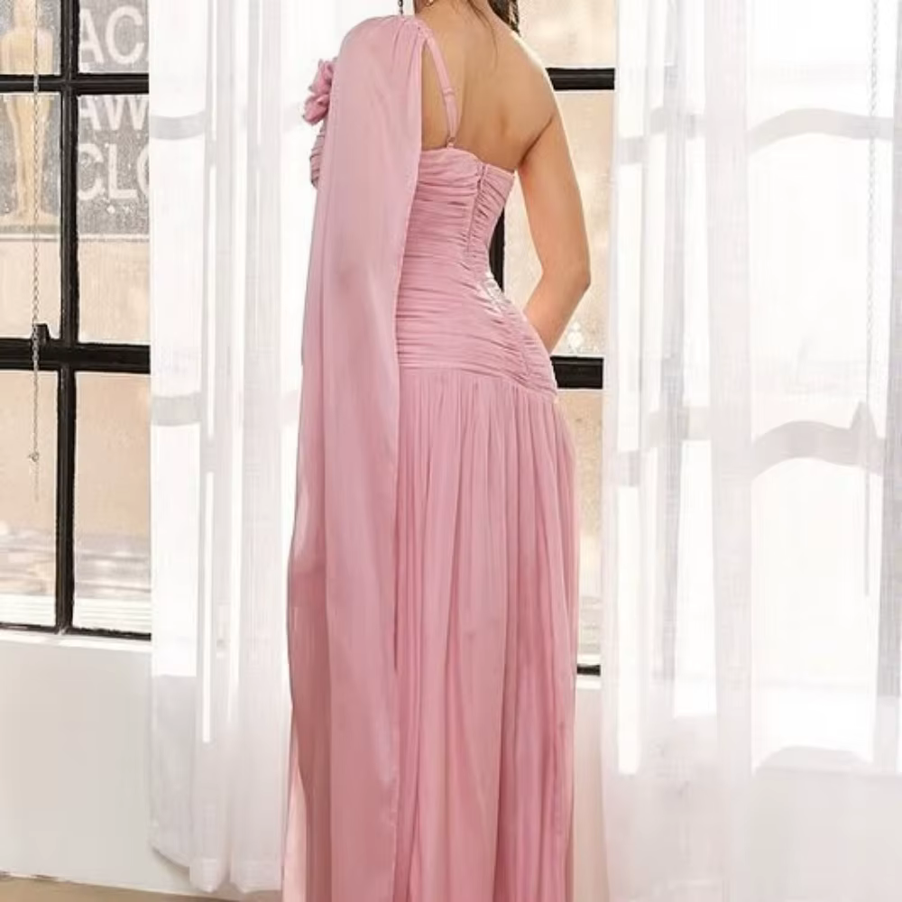 3D Flowers One Shoulder Strapless Party Floor-Length Party Prom Maxi Dress - Image 3