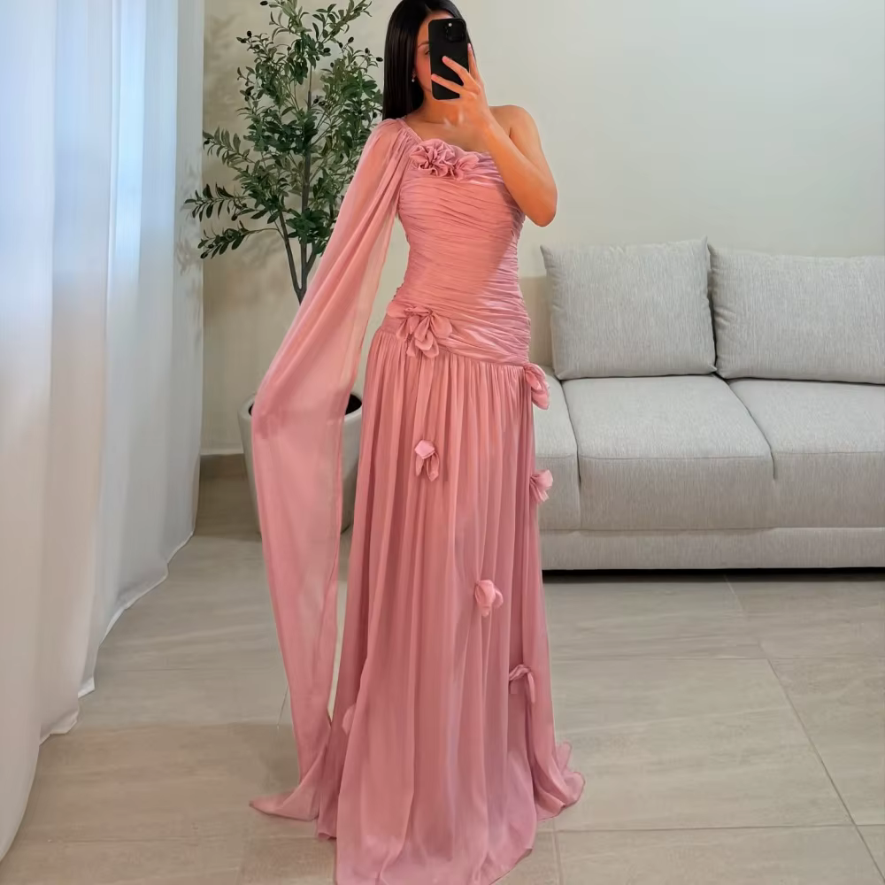 3D Flowers One Shoulder Strapless Party Floor-Length Party Prom Maxi Dress