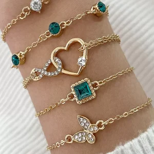 5 Pieces Butterfly Heart Crystal Rhinestone Layered Bracelet Set