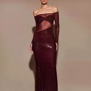 Asymmetrical Cut Off-Shoulder Long Sleeve Bodycon Long Dress