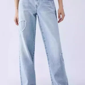 Bow Embroidered Jeans High Street Style Wide Leg Denim Pants