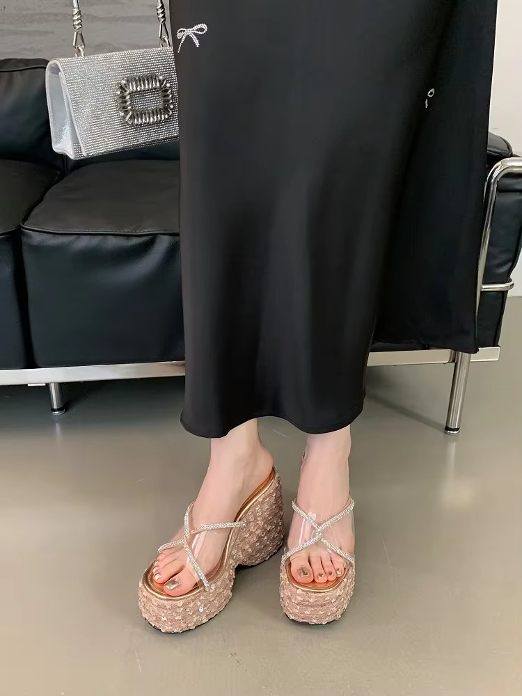 CRYSTAL Sequin Cloth PVC Transparen Wedges High Heels Elegant Banquet Shoes