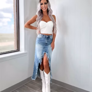 Casual Asymmetrical High Waist Irregular Edge Denim Skirt